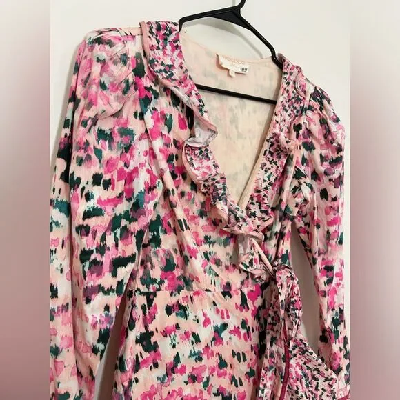 Rococo Sand Mimi Wrap Pink Dress Long Ruffle Puff Sleeve Size Medium - Picture 6 of 13